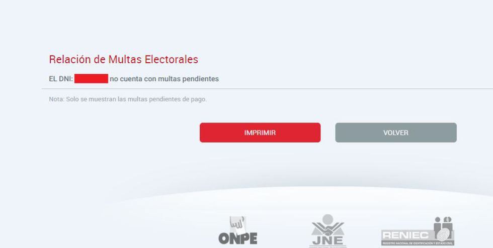 Si no tienes multa te saldrá este mensaje.