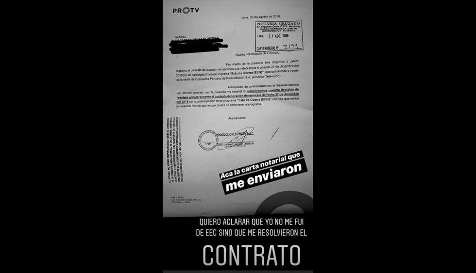 Carta notarial de Pro TV a Macarena Vélez