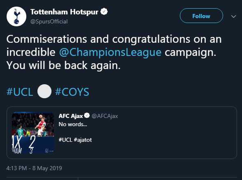 El respeto entre los clubes europeos se evidenció tras el Ajax vs. Tottenham. (Foto: Tottenham)