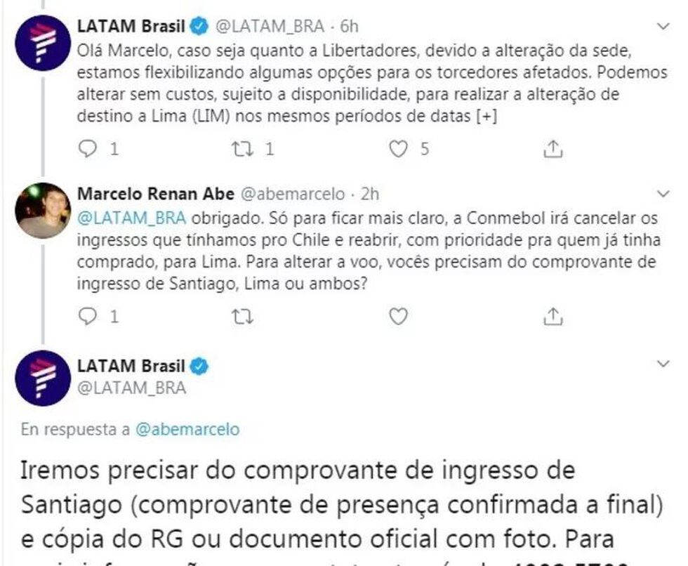 Las respuesta de Latam Brasil en Twitter.