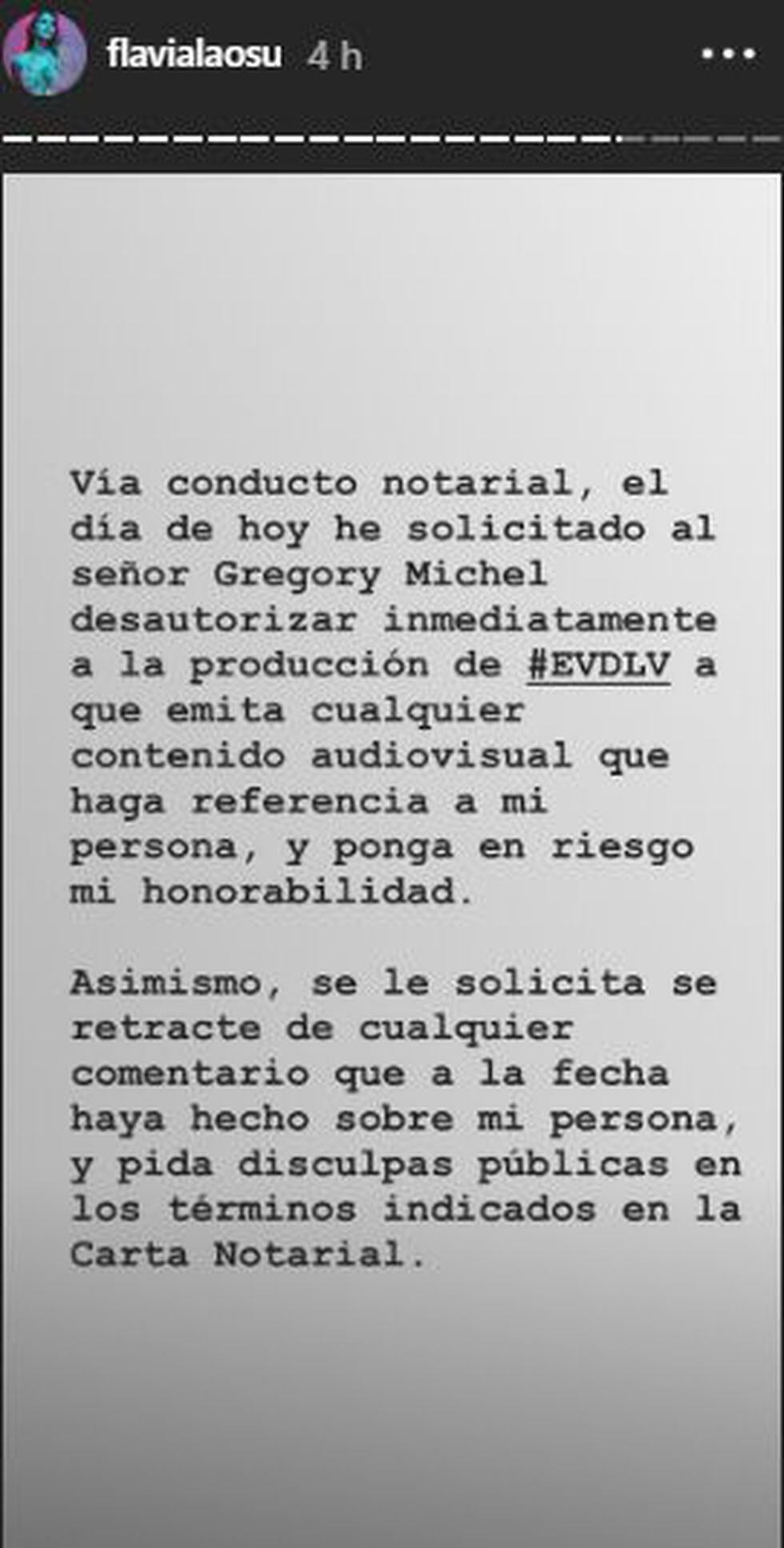 Este es el mensaje que compartió Flavia Laos. (Foto: Instagram)