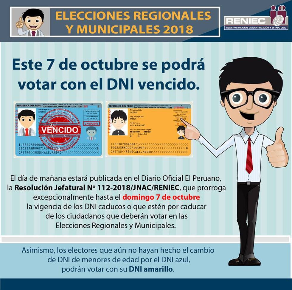 Elecciones 2018: Reniec confirma que electores podrán con DNI vencido o amarillo
