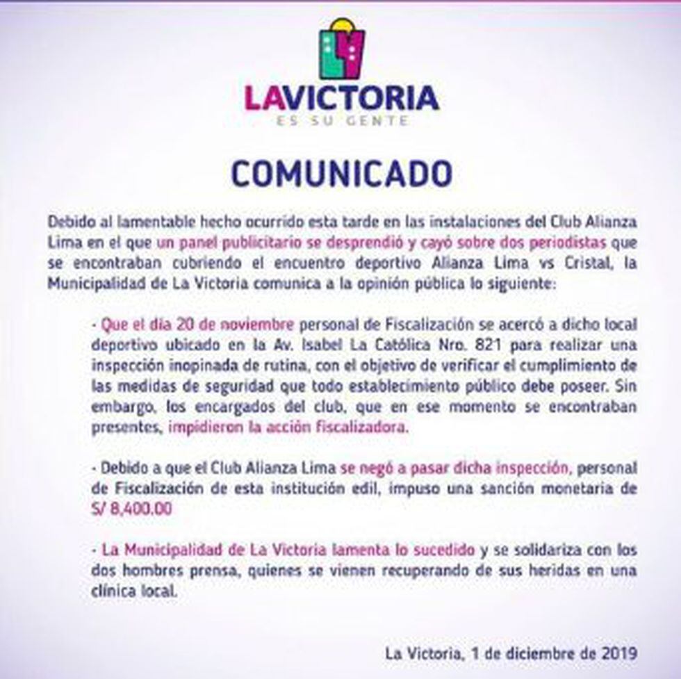 Comunicado de la Municipalidad de La Victoria.