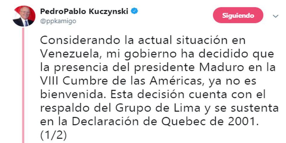 PPK rechaza presencia de Nicolás Maduro en la Cumbre de las Américas.
