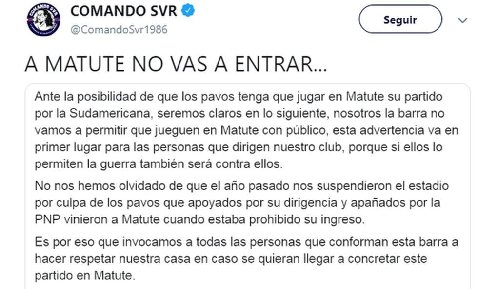 Comando Sur lanzó advertencia a Sporting Cristal: "A Matute no vas a entrar. No lo permitiremos"