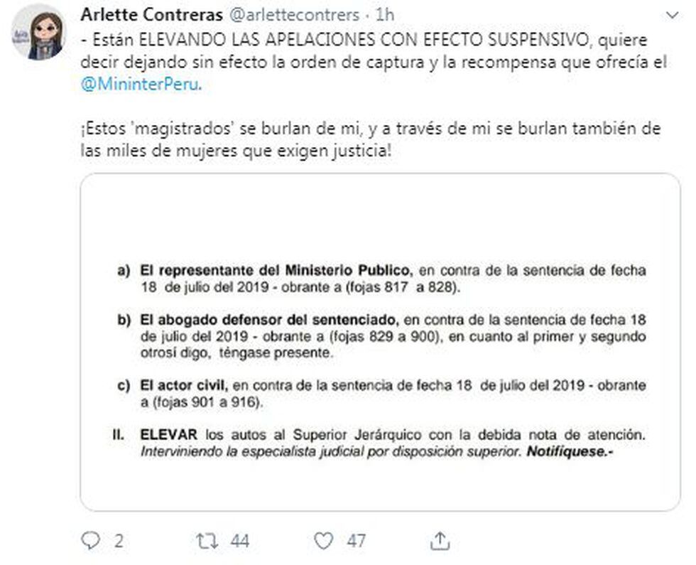 Arlette Contreras denuncia que dejaron sin efecto orden de captura de Adriano Pozo