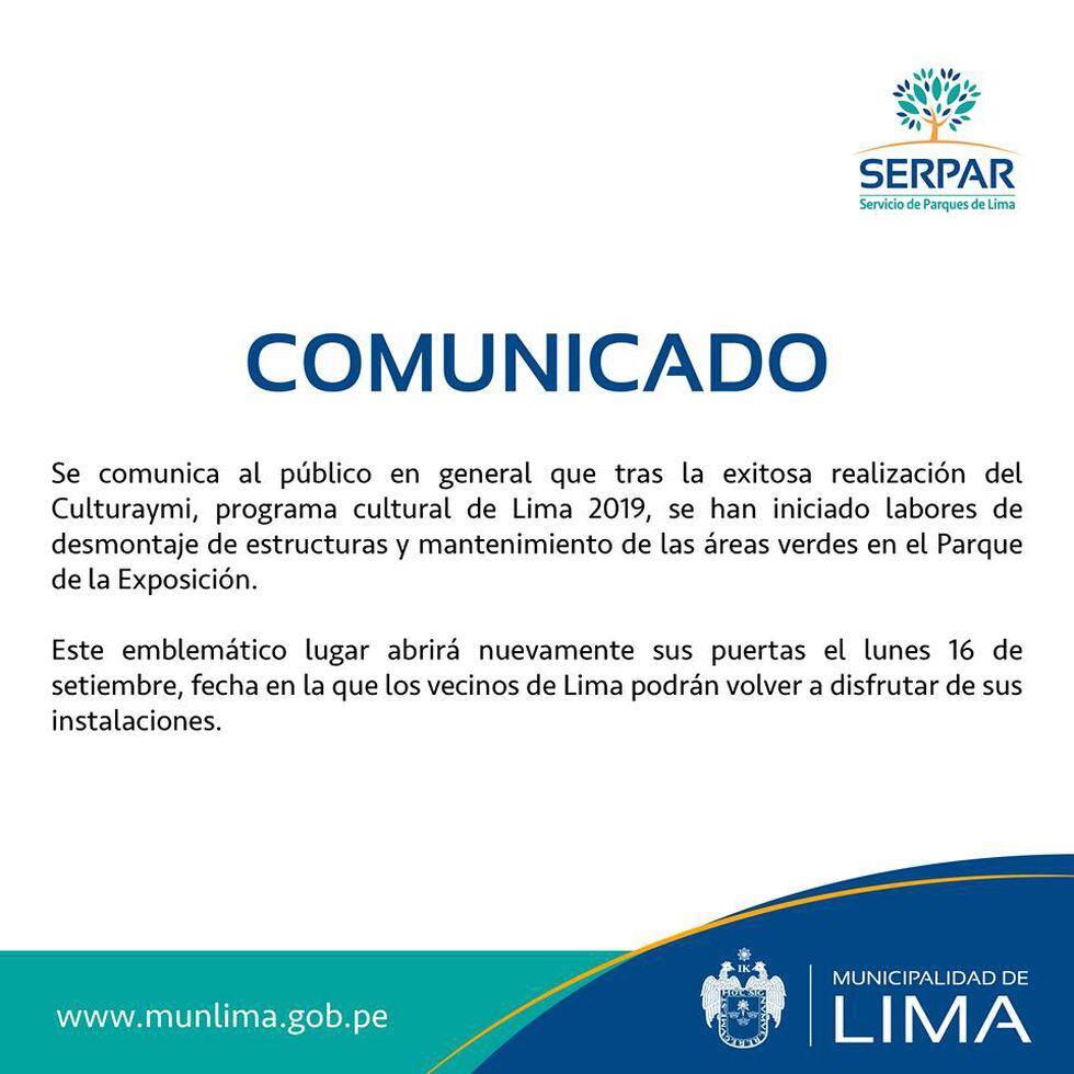 Municipalidad de Lima informa que el Parque de la Exposición abrirá las puertas al público el próximo 16 de septiembre.