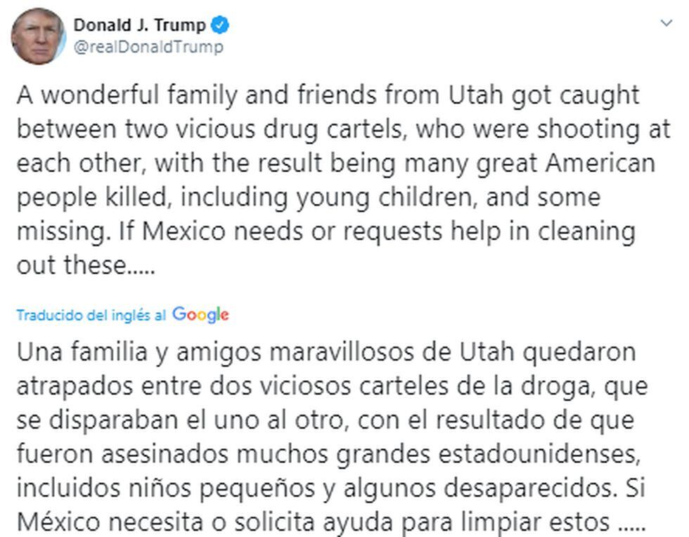 Tuit Donald Trump por masacre de familia en México