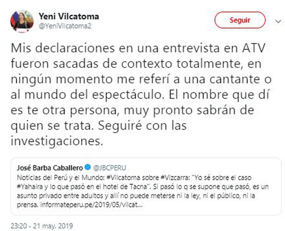 Yeni Vilcatoma sobre el 'Caso Yahaira'. (Captura: Twitter)
