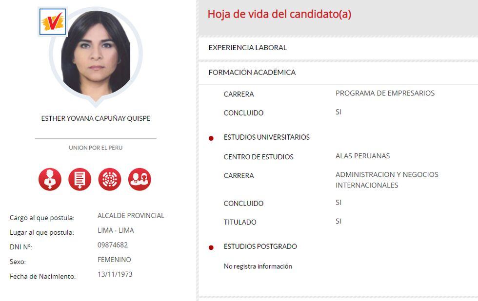 Esther Capuñay postula por Unidos por el Perú.