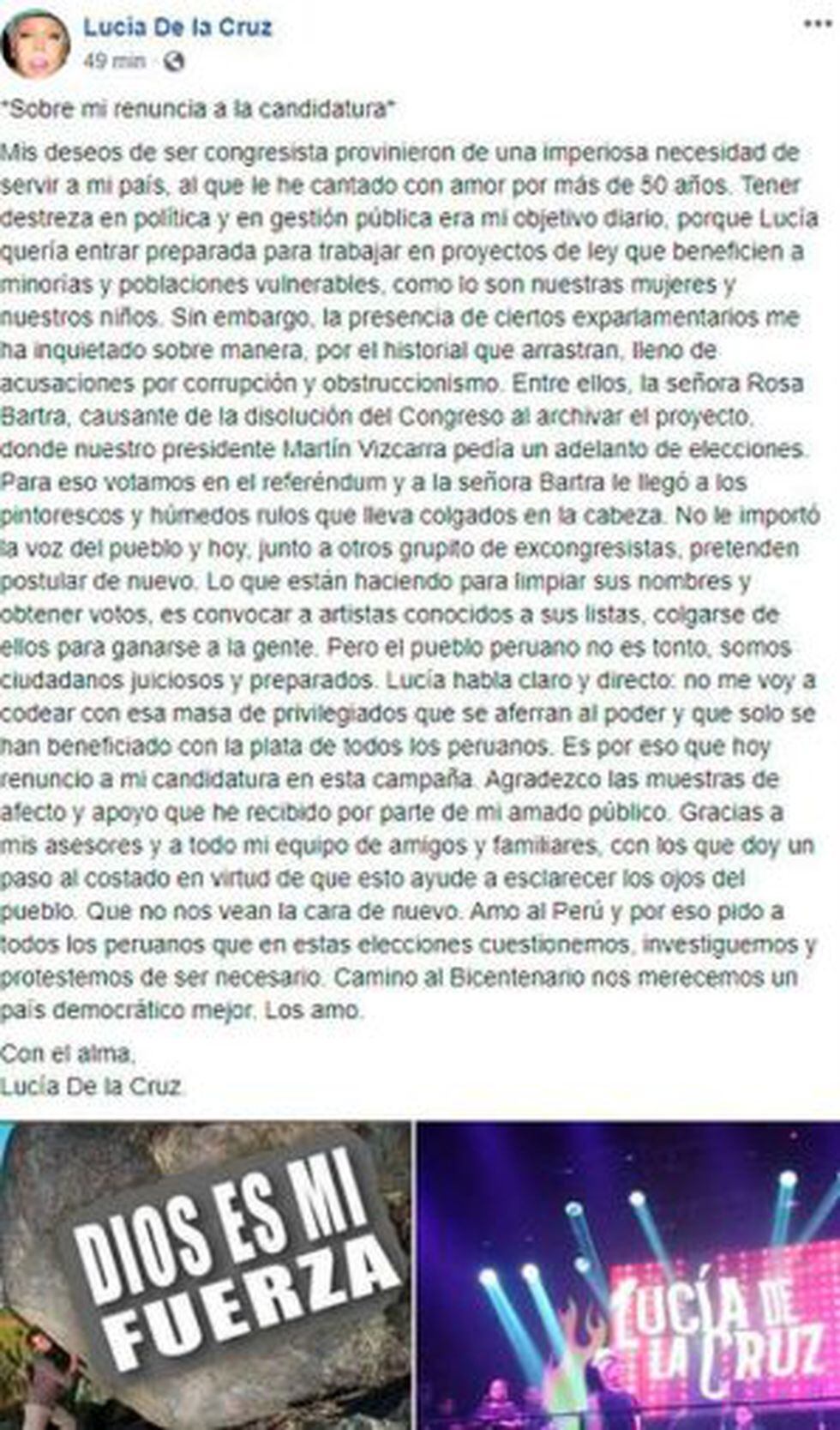 Lucía de la Cruz renunció a su postulación al Congreso de la República. (Facebook)