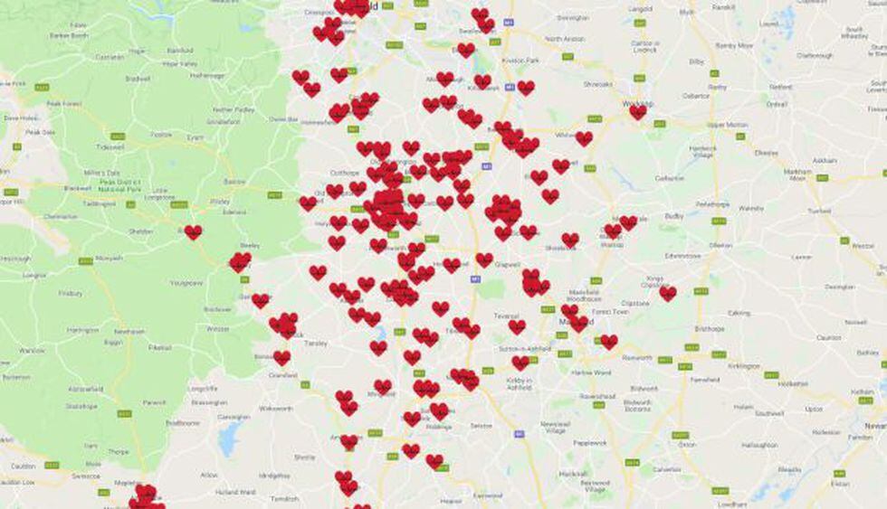 El adolescente ha registrado casi 200 desfibriladores por ahora en el área de Derbyshire y Nottinghamshire, a beneficio del público. (Foto: Google Maps)
