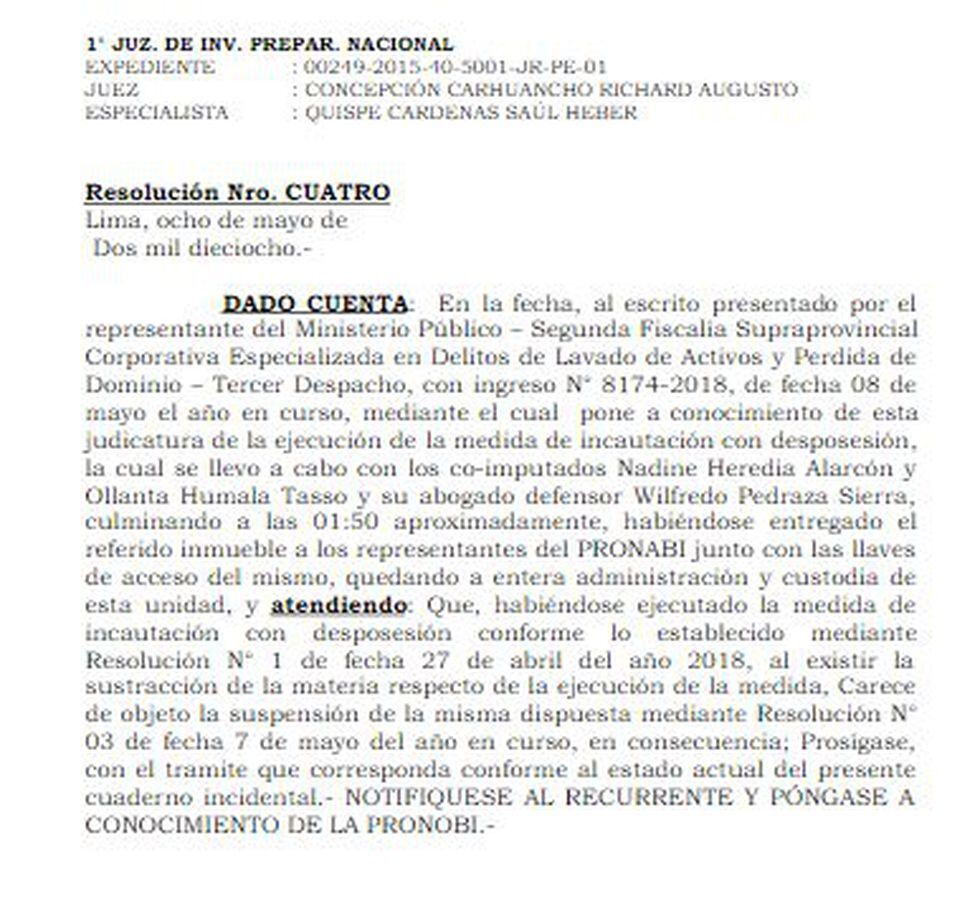 Documento emitido por el juez Carhuancho.