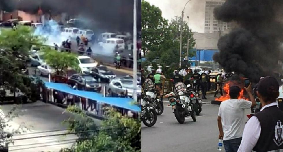 Manifestantes queman llantas en la Javier Prado en paro de taxis colectivos. Foto: Redes sociales