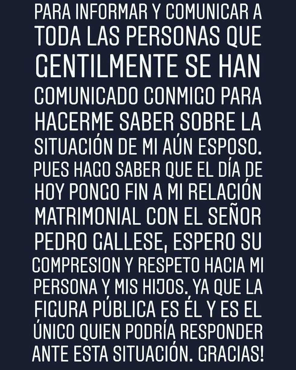 Esposa de Pedro Gallese se manifiesta en Instagram. (Captura de pantalla)